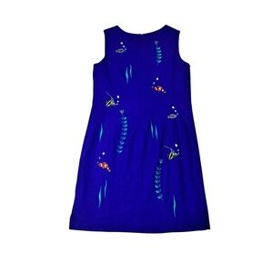 Vtg Blue Sleeveless Shift Dress Embroidered Fish Underwater Coastal Beach Large